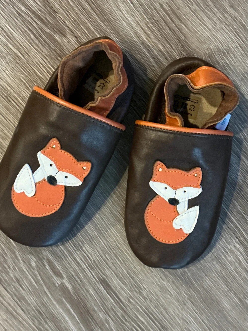 Toddler Brown Leather Slip-On Shoes Slippers with Orange Fox Appliqué
